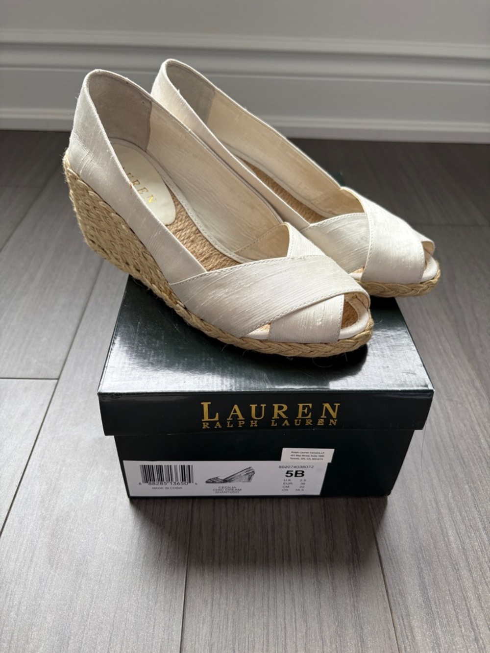 RALPH LAUREN Women’s Cream Espadrille Wedge Peep-Toe (size 5/EUR 36)